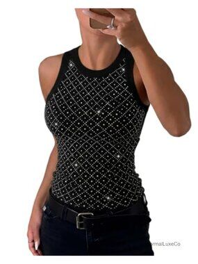 Rhinestone Argyle Tank Top Sparkly Ribbed Slim Fit Women's Sleeveless